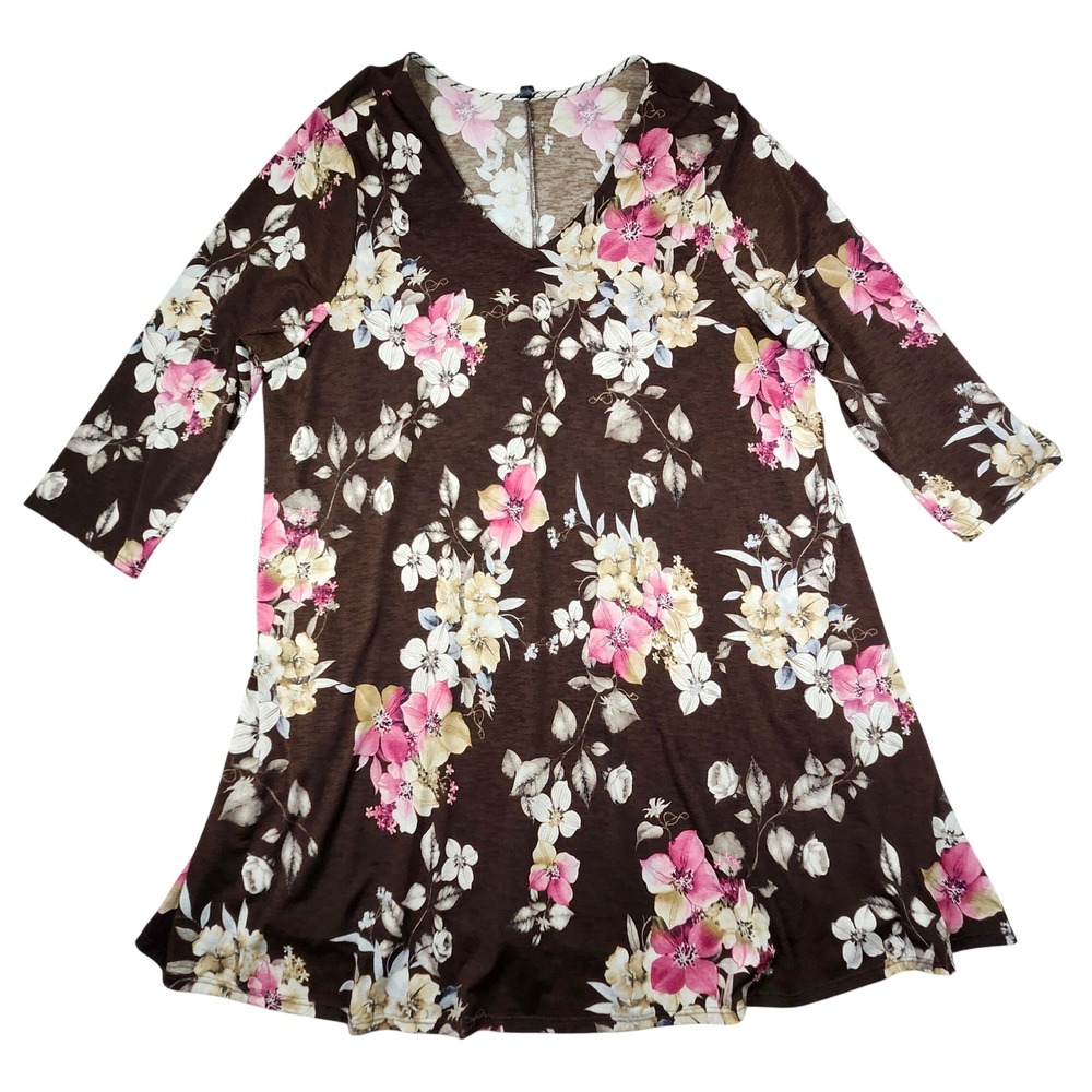 Glitzy Girlz‎ Boutique Floral Tunic Dress 3XL Brown Pink Stretchy Flowy Top